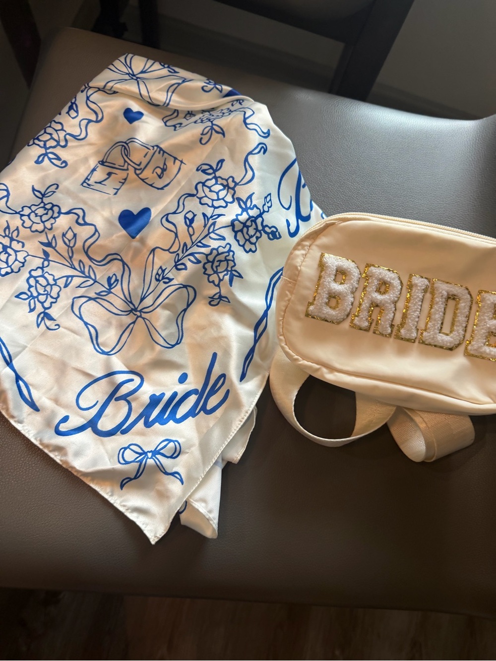 Bridal Satin Scarf and Bride Embroidered Belt Bag - White & Royal Blue